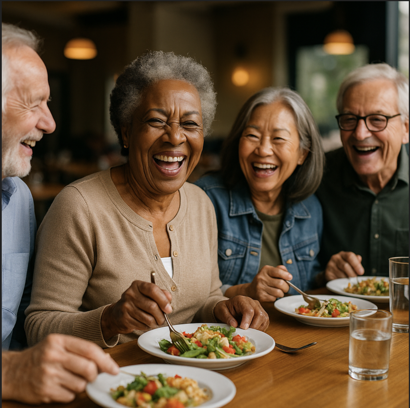 A joyful group of ethnically diverse seniors enjoying a meal together at a restaurant in Phoenix, Arizona