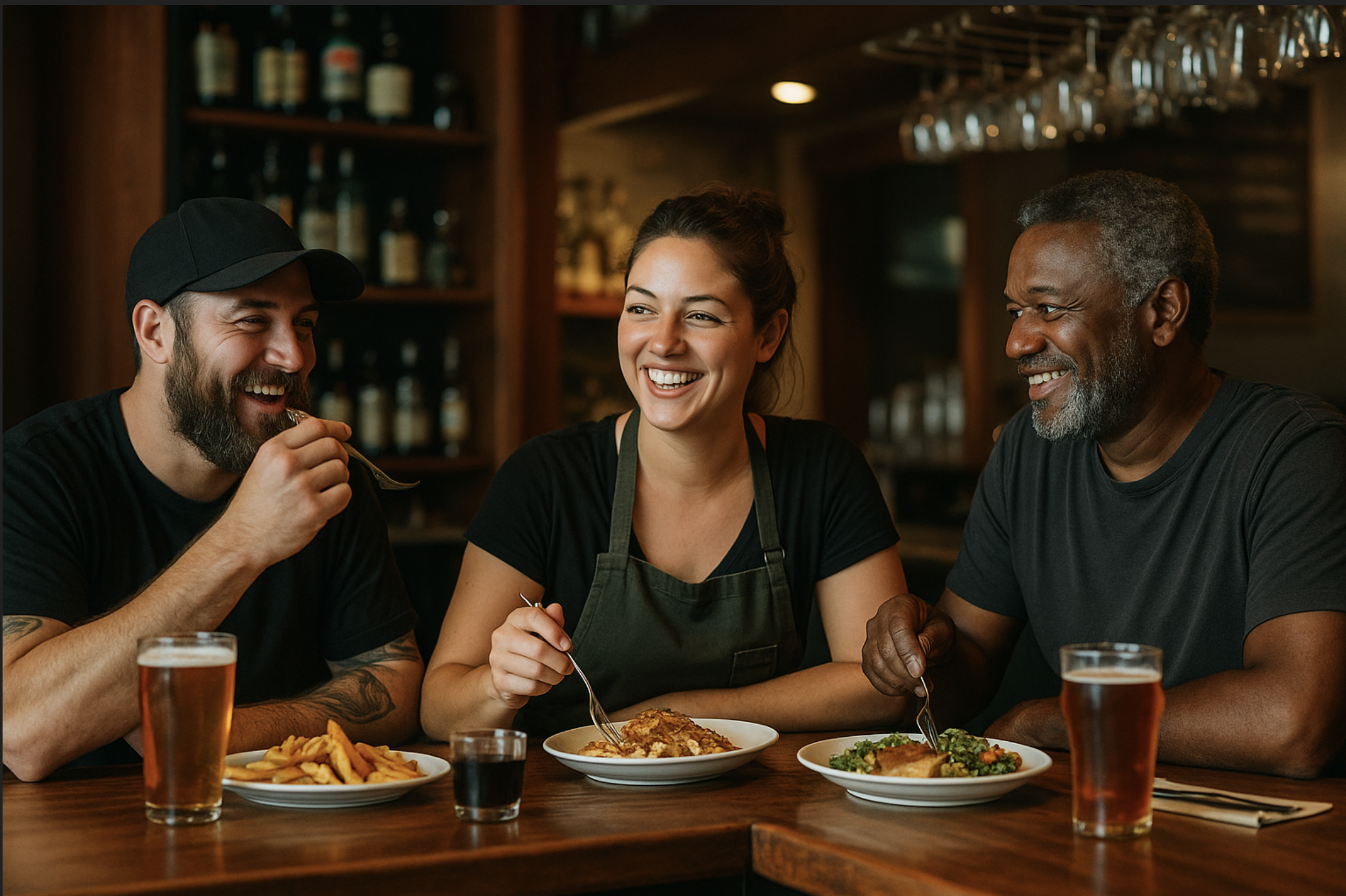 Off-duty restaurant workers laughing and eating together at a bar in Phoenix, Arizona after their shift