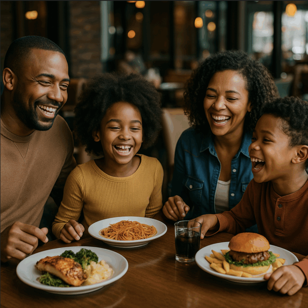 Smiling family enjoying dinner together at a restaurant table in Phoenix Arizona