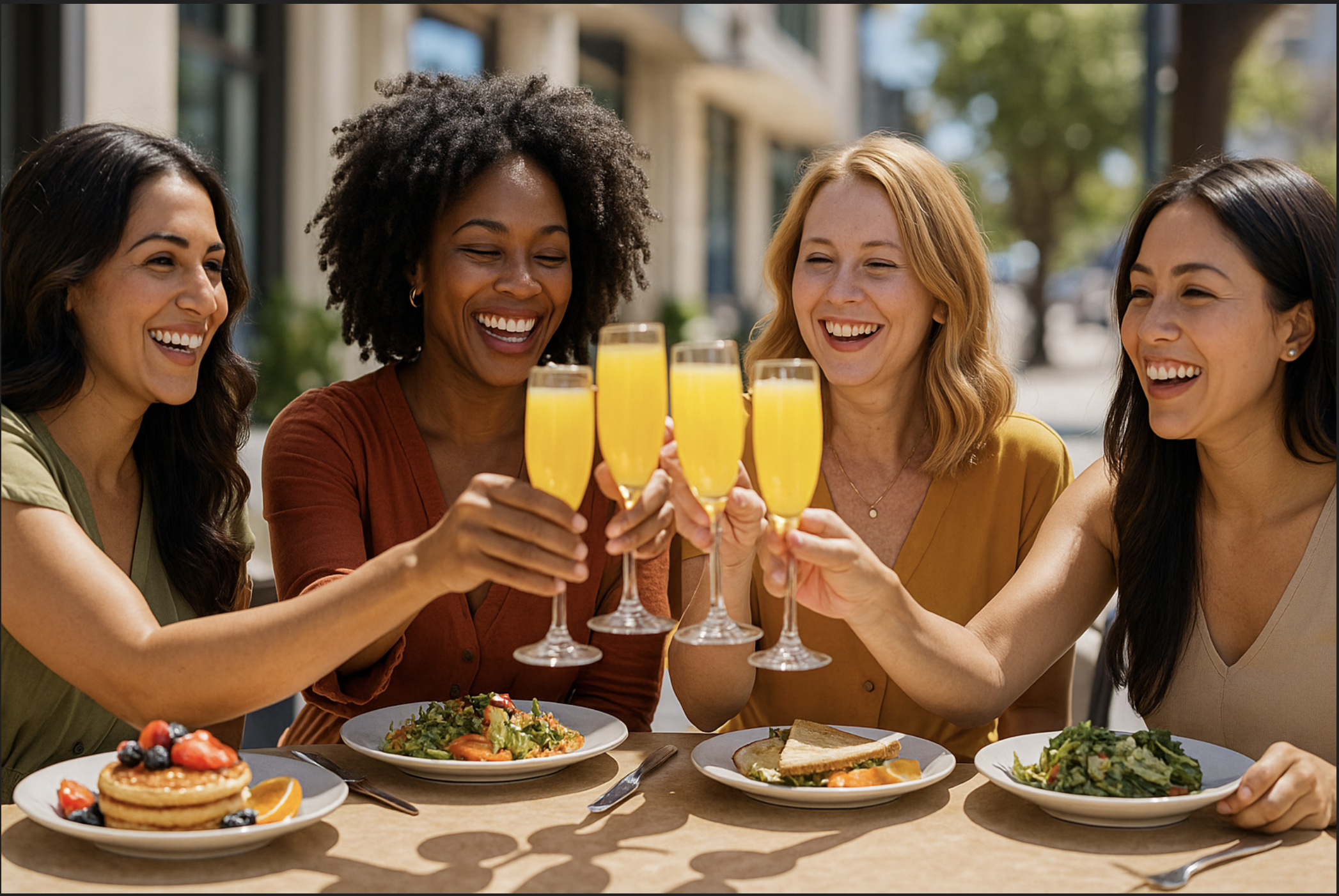 Group of happy women enjoying brunch and mimosas at a sunny restaurant in Scottsdale and Phoenix